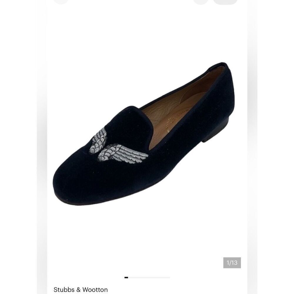 Stubbs and Wootton Silver Wing Velvet Navy Slippers Size 7.5